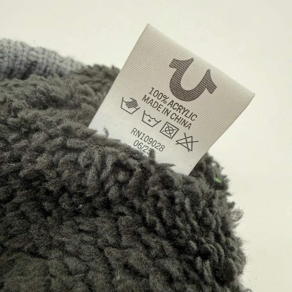 True Religion Beanie Mens One Size Black‎ Grey Colorblock Faux Shearling Lined